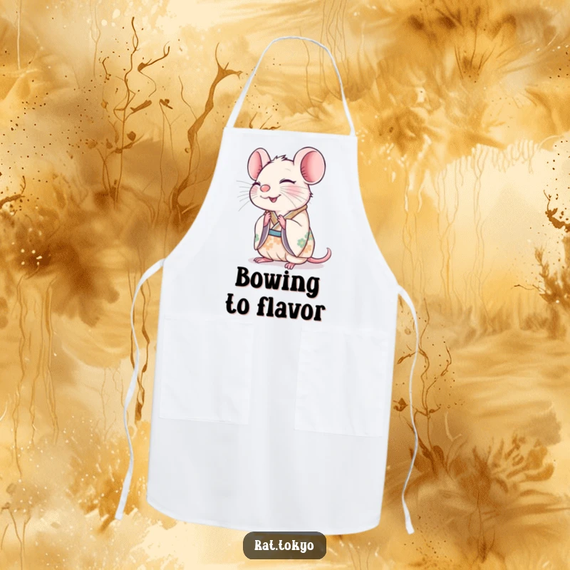 Funny rat in a decorated kimono, bowing happily, ready to cook with a smile on a kitchen apron.