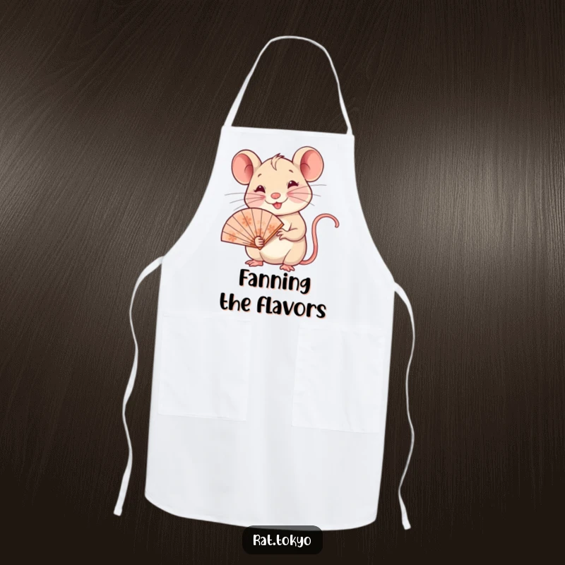 Funny apron designed with a chef rat smiling and holding a delicate ornate fan, ideal for humorous cooking sessions.