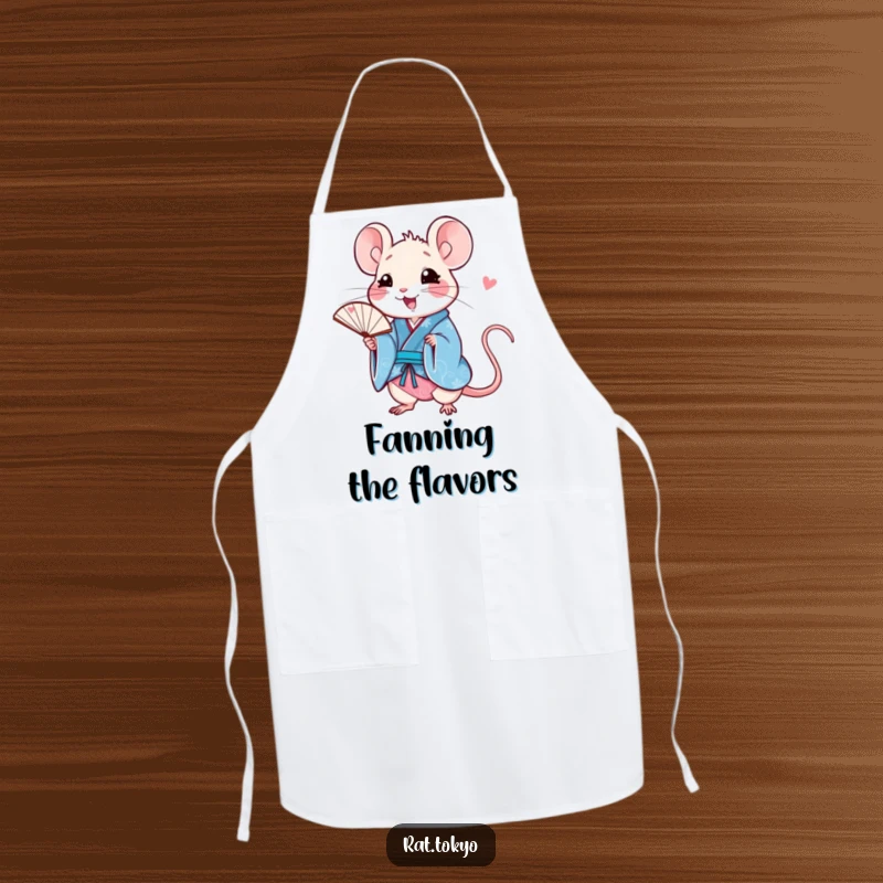 Funny rat apron featuring a happy character in a blue kimono, holding a delicate fan, ideal for cooking with a stylish and humorous twist.