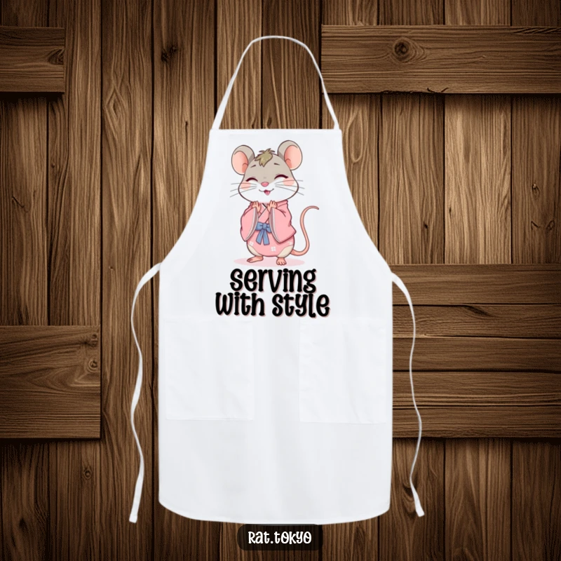 Funny rat apron featuring a cheerful character in a pink kimono, bowing gracefully, ideal for cooking with a touch of elegance.
