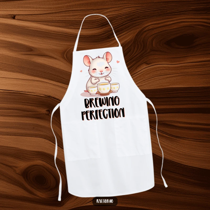 Funny apron featuring a happy rat performing a tea ceremony with tiny cups, ideal for a peaceful and humorous cooking experience.
