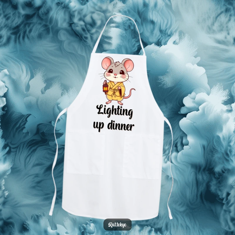 Funny apron with a delighted rat in a yellow kimono holding a small lantern, perfect for kitchen fun and spreading joy.