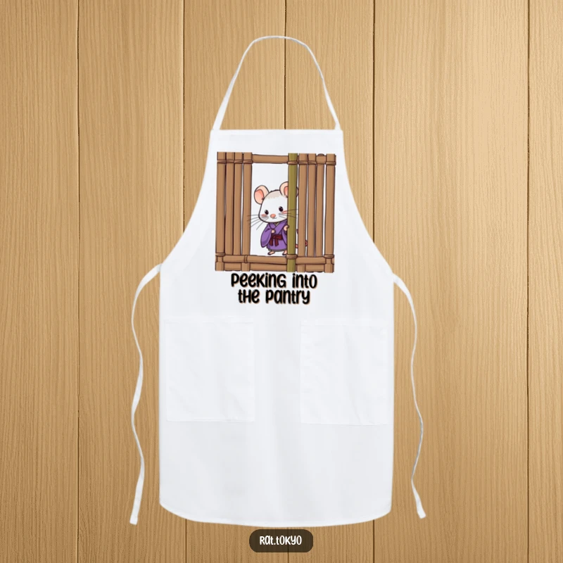 Funny apron with a curious rat in a purple kimono, peeking from behind a bamboo screen, ideal for kitchen fun and protection.