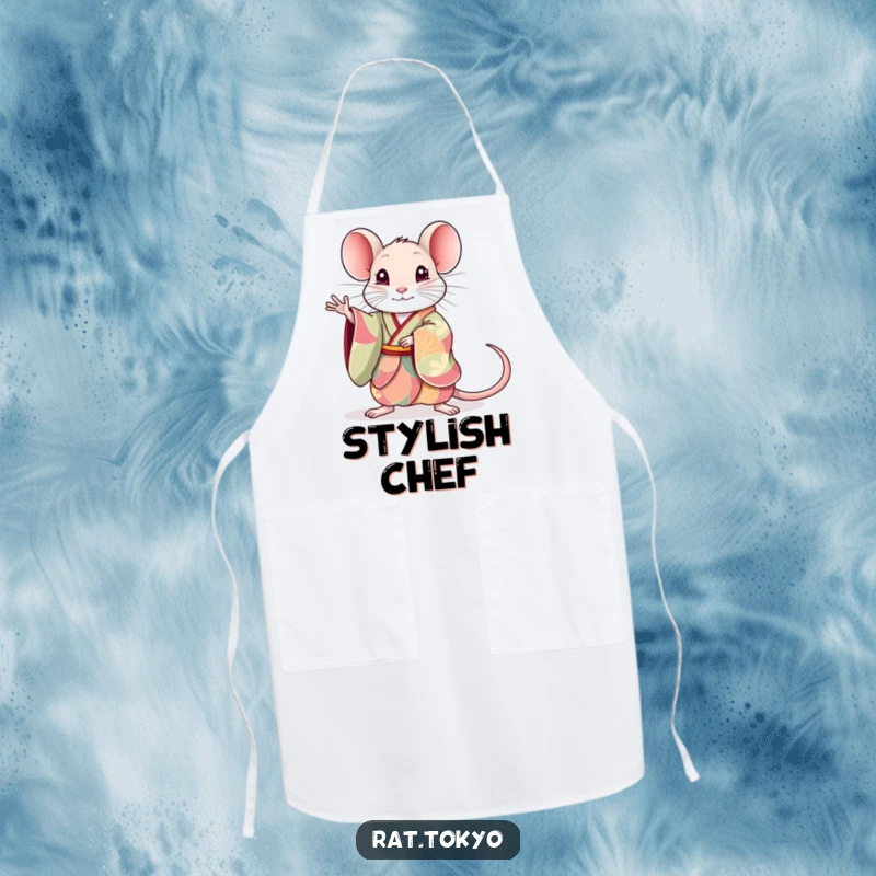 Funny rat apron with a cute rat in a colorful kimono, striking an elegant pose, ideal for kitchen use and adding artistic humor.