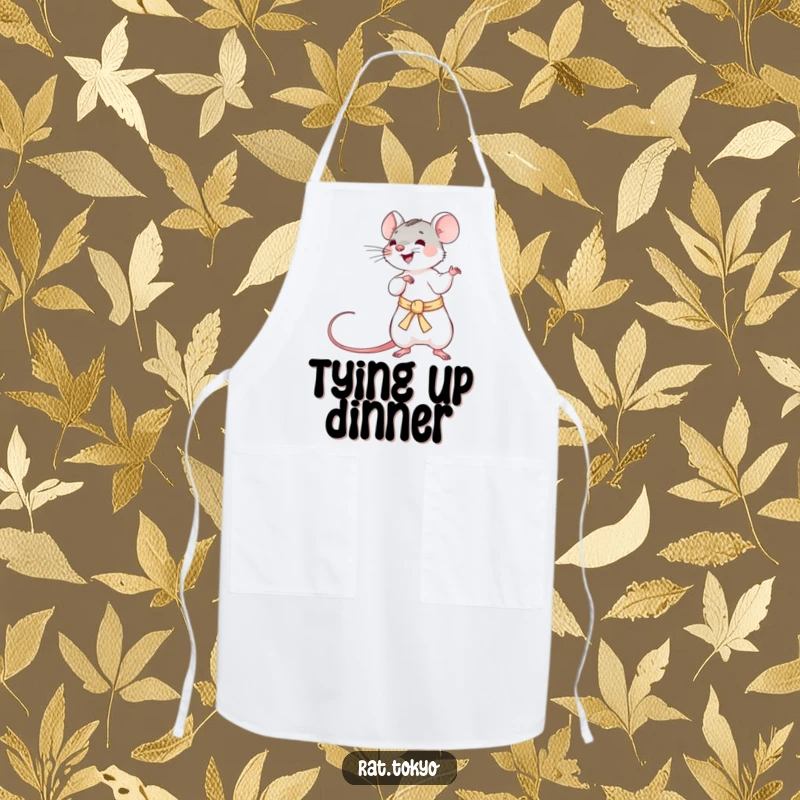 Funny apron featuring a playful rat twirling a long, silken obi, ideal for a fun and action-packed cooking experience.