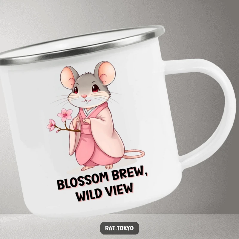 Funny Camping Mug: A rat in a kimono cherishes a cherry blossom, bringing peaceful humor to outdoor brews.