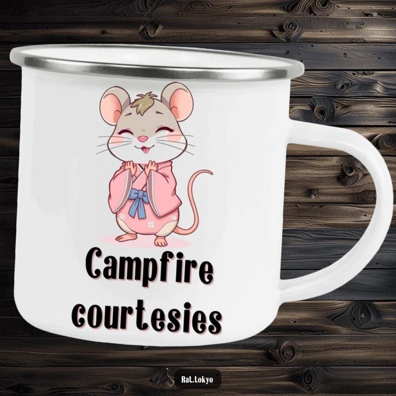 Funny rat camping mug with a cheerful character in a pink kimono, bowing gracefully, perfect for enjoying drinks outdoors with elegance.