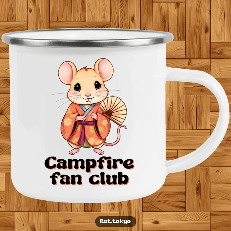 Funny rat in a vibrant kimono holding a fan, ready for adventure on a durable camping mug.