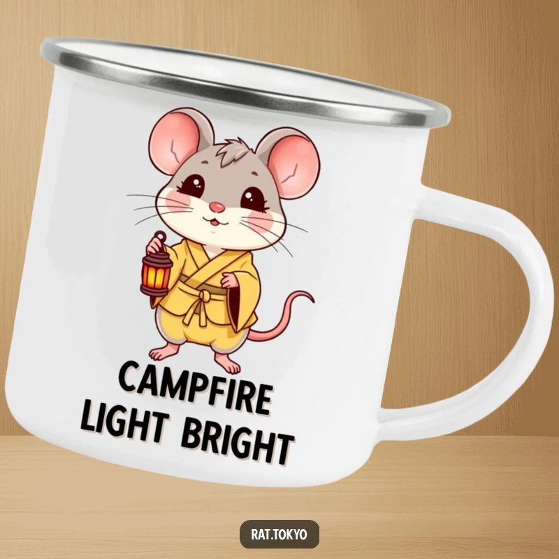 Funny camping mug featuring a delighted rat in a yellow kimono holding a small lantern, perfect for adding cheer to outdoor activities.