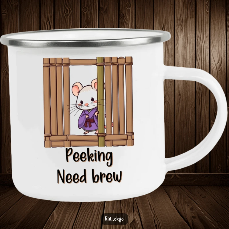 Funny camping mug featuring a curious rat in a purple kimono, peeking from behind a bamboo screen, perfect for outdoor enthusiasts with humor.