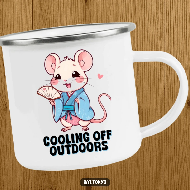 Funny rat camping mug with a happy character in a blue kimono, holding a fan, perfect for enjoying drinks outdoors with style.