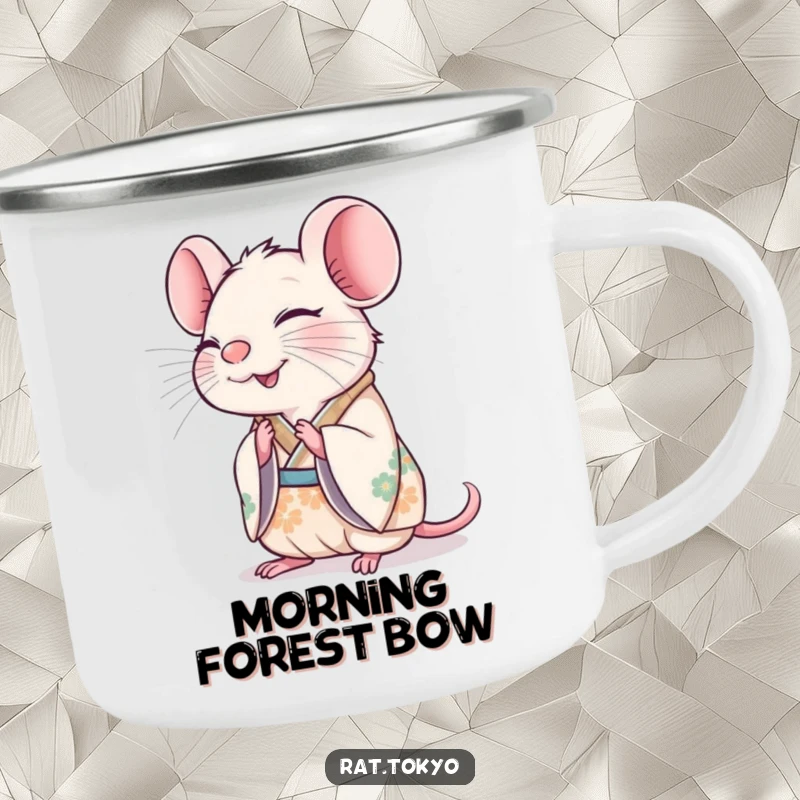 Funny rat in a decorated kimono, bowing slightly with a happy expression, on a durable camping mug.