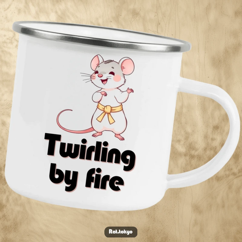 Funny camping mug with a playful rat twirling a long, silken obi, designed for adventurous souls who appreciate dynamic humor.