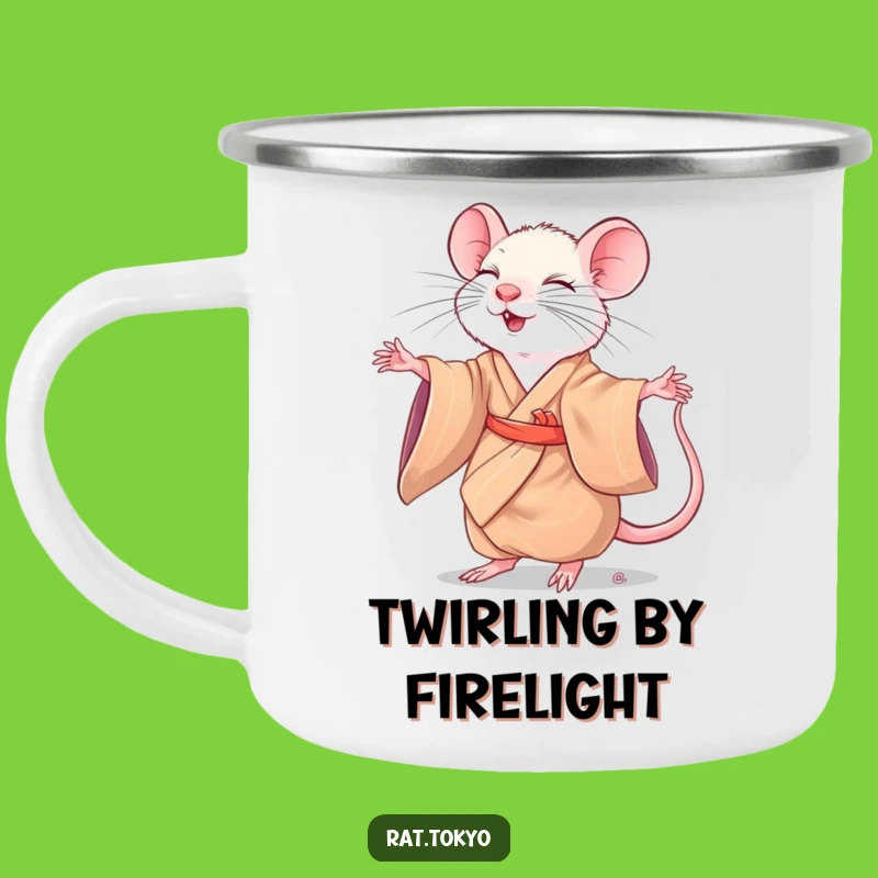 Funny Rat Twirling Camping Mug: Silk Kimono Adventure, Joyful Outdoors, Perfect Gift
