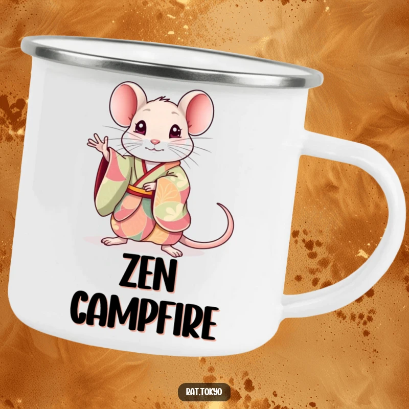 Funny rat camping mug depicting a cute rat in a colorful kimono, striking an elegant pose, ideal for outdoor use and coffee lovers.
