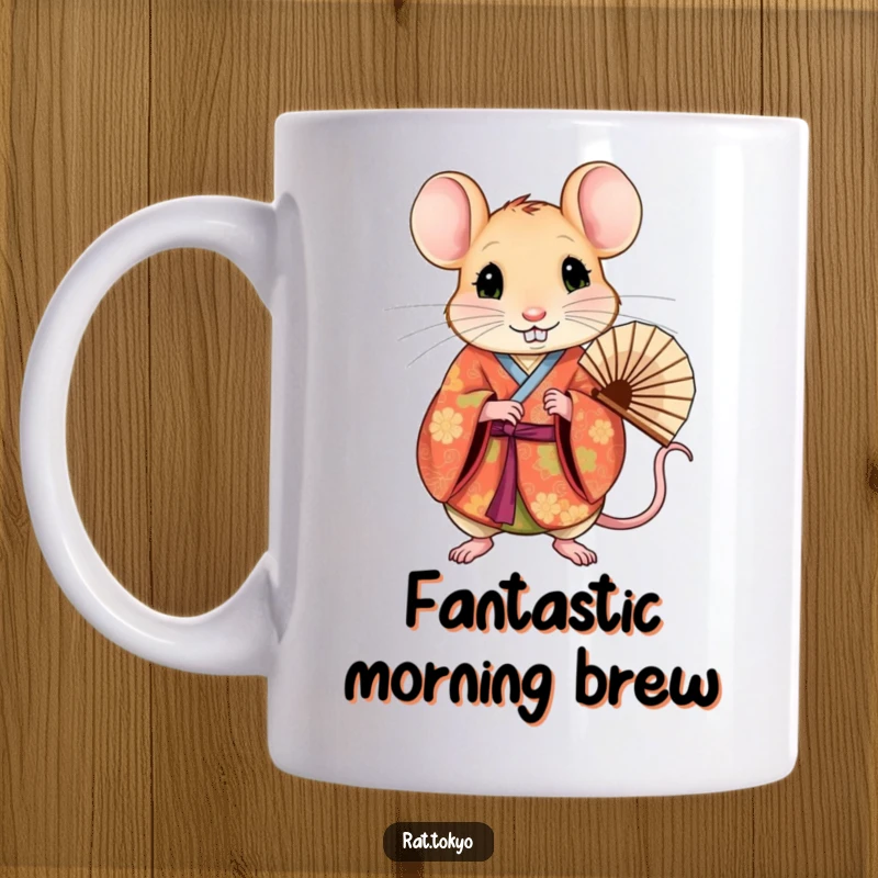 Funny rat in a vibrant, patterned kimono holding a delicate fan, looking curious on a ceramic mug.