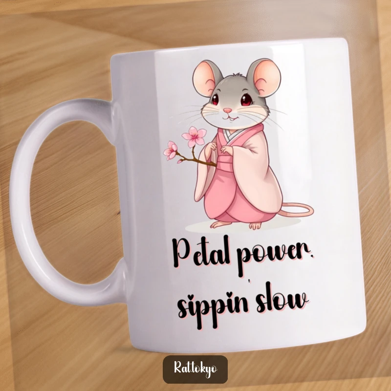 Funny Mug: A graceful rat in a flowing kimono delicately holds a blooming cherry blossom, radiating peaceful vibes.