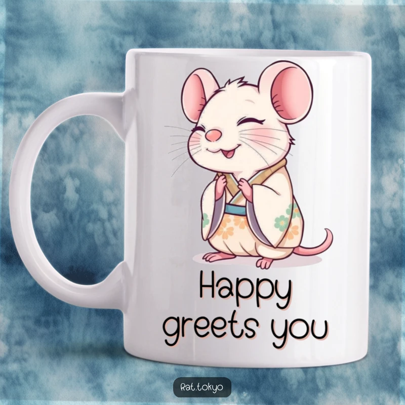 Funny rat in a decorated kimono, bowing slightly with a happy expression, conveying cheerful politeness on a mug.