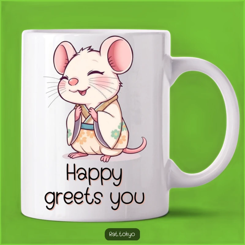 Funny Rat Bowing Mug: Joyful Kimono, Happy Greeting, Perfect Gift