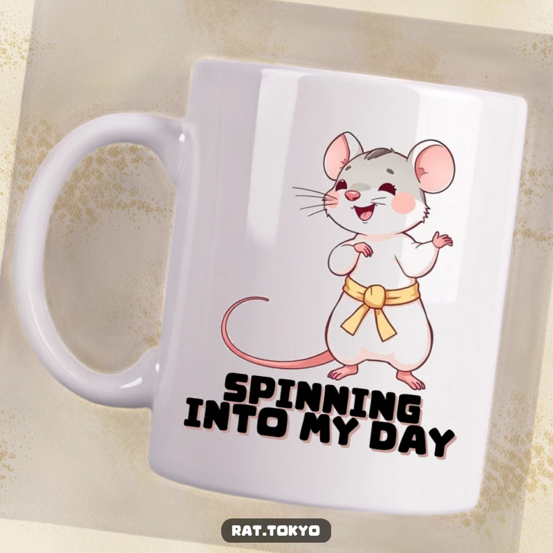 Funny mug featuring a playful rat energetically twirling a long, silken obi, showcasing agility and a humorous spirit.