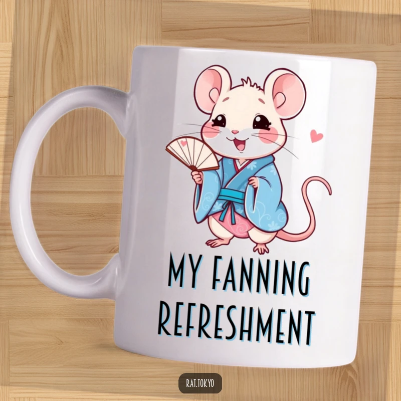 Funny rat mug of a happy character in a vibrant blue kimono, holding a delicate fan, radiating joy and style.