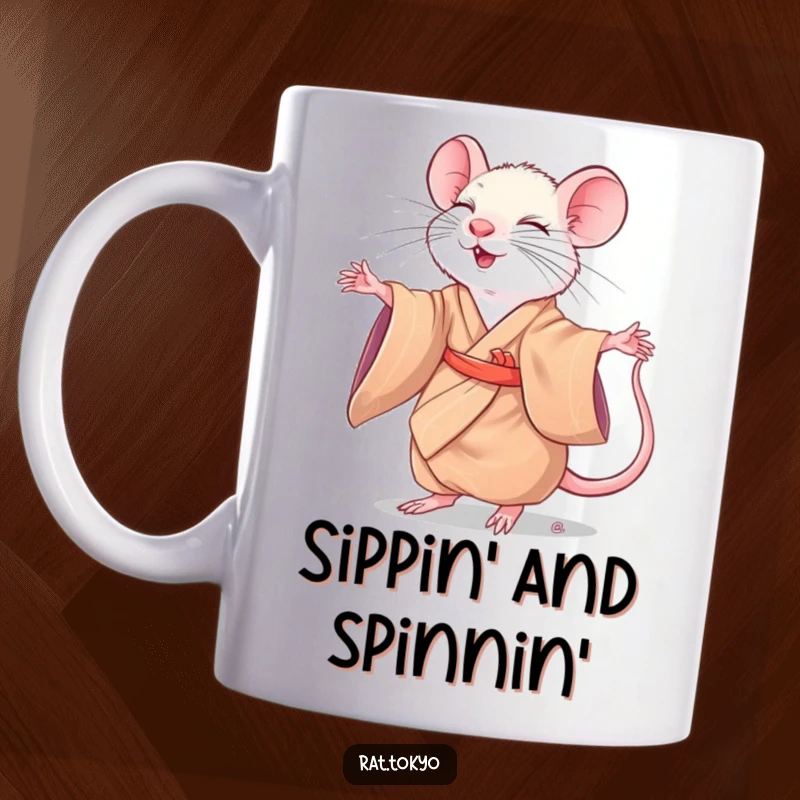 Funny rat in a silk kimono, gracefully twirling with eyes closed, radiating pure joy on a mug.