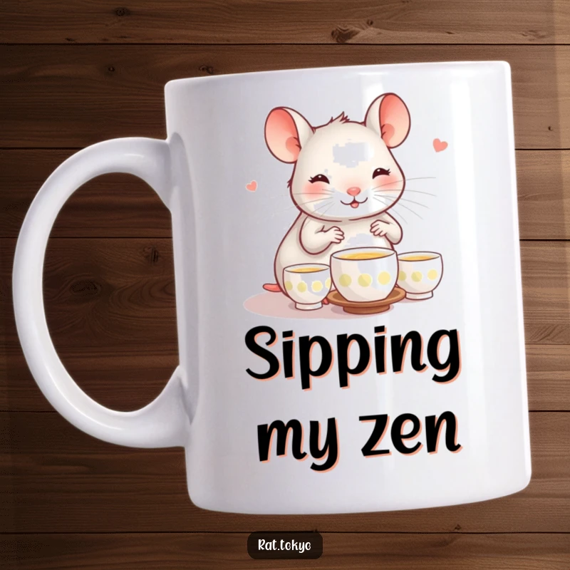 Funny mug featuring a happy rat gracefully performing a tea ceremony with delicate tiny cups, exuding serenity and humor.
