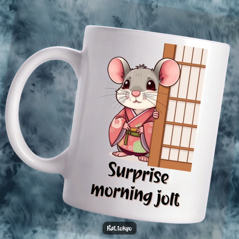 Funny rat in a festive kimono, peeking out with a surprised expression from behind a screen on a mug.