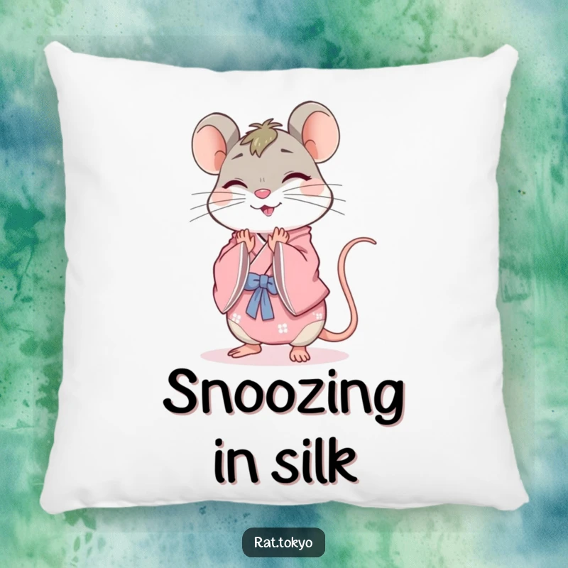 Funny rat pillow with a cheerful character in a pink kimono, bowing gracefully, offering comfort and a touch of charm.
