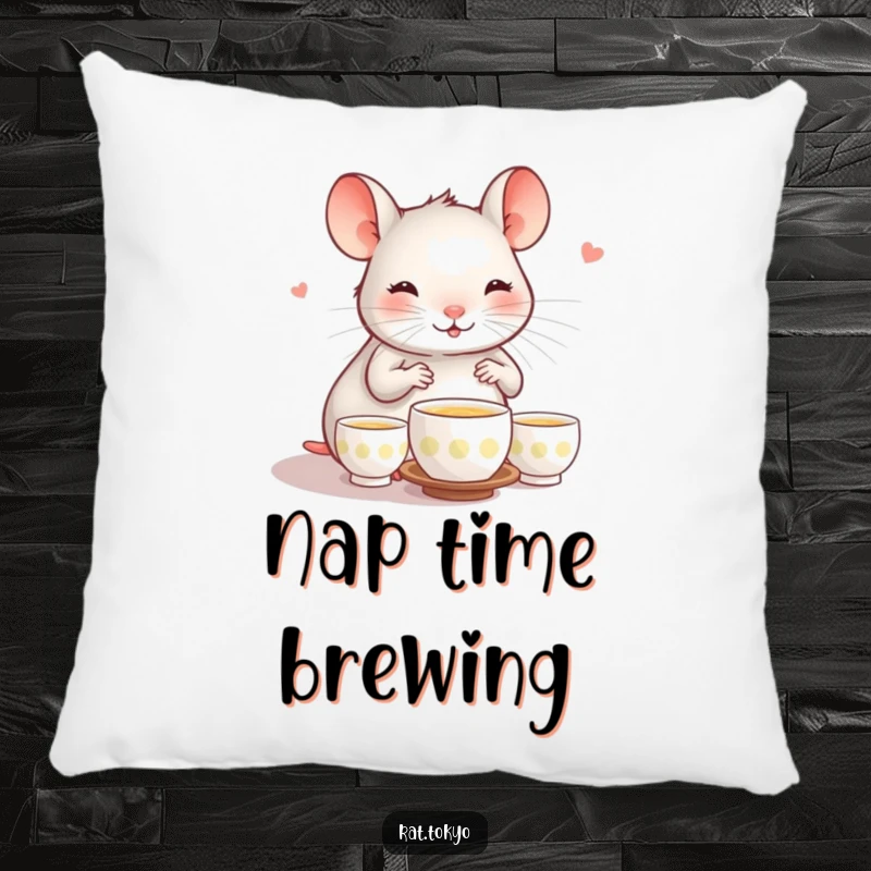 Funny pillow featuring a plush, happy rat conducting a tea ceremony with tiny cups, adding comfort and whimsical humor.