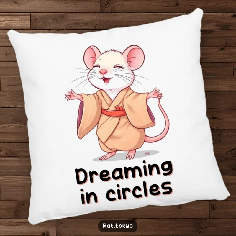 Funny rat in a silk kimono, caught in a graceful twirl with eyes closed, on a soft decorative pillow.