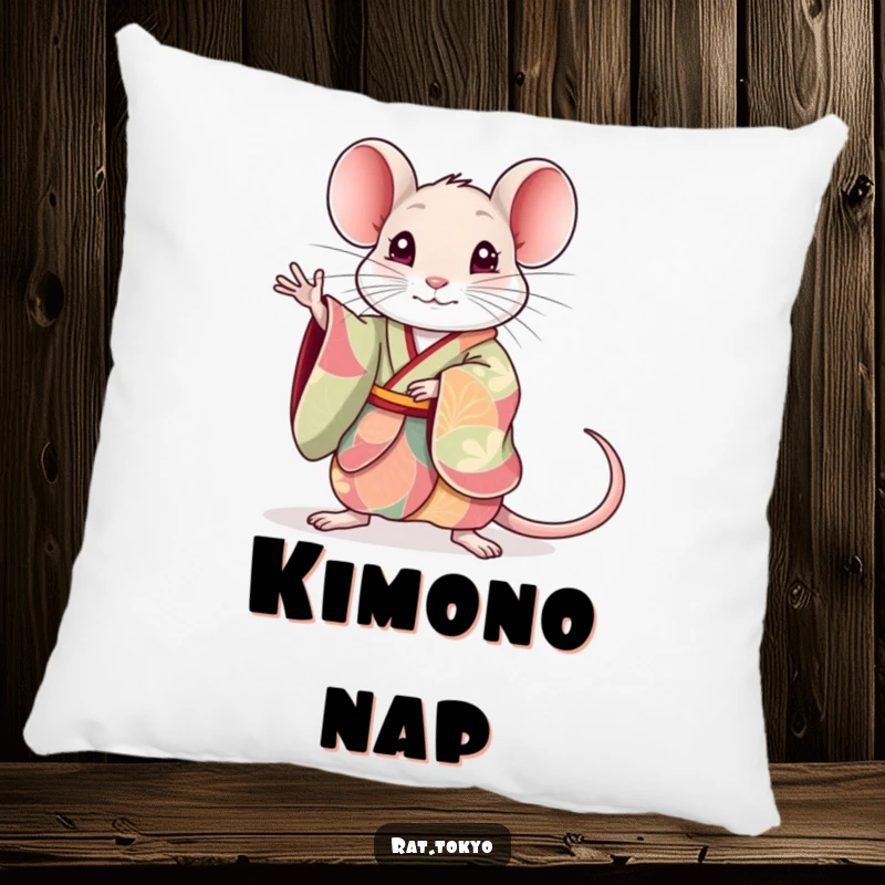 Funny rat pillow featuring a cute rat in a colorful kimono, striking an elegant pose, adding comfort and artistic humor to sofas.