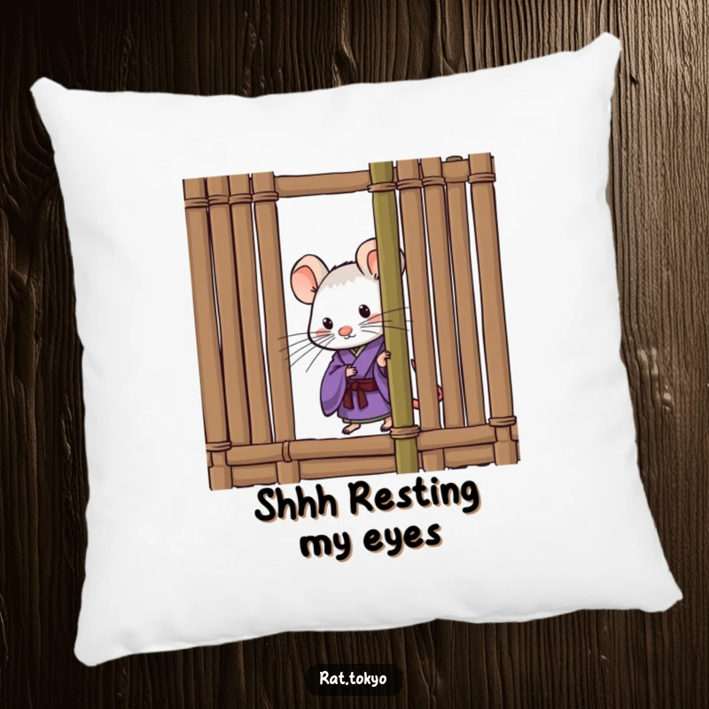 Funny pillow featuring a curious rat in a purple kimono, peeking from behind a bamboo screen, perfect for adding comfort and a humorous accent.