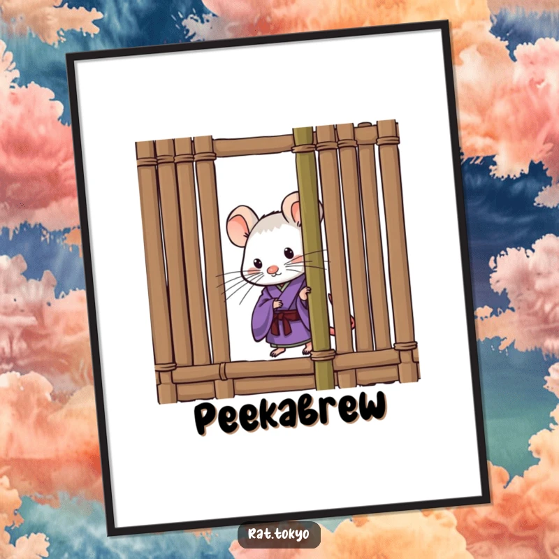 Funny digital art print of a curious rat in a purple kimono, peeking from behind a bamboo screen, perfect for digital decor and instant smiles.
