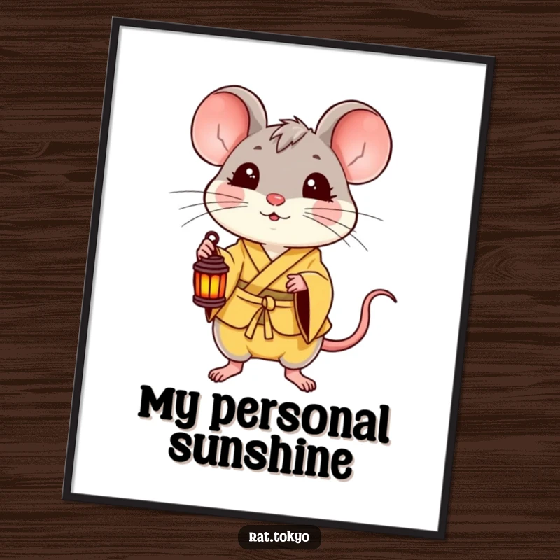 Funny digital art print of a delighted rat in a yellow kimono holding a small lantern, radiating happiness and perfect for instant decor.