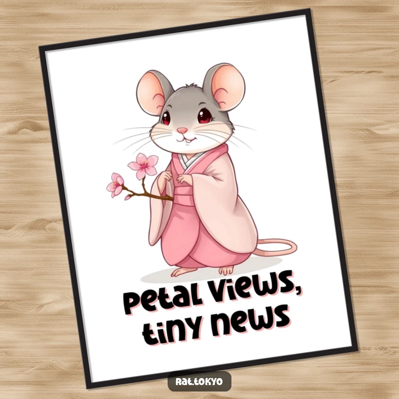 Funny Digital Art Print: A rat in an elegant kimono holds a blooming cherry blossom, bringing artistic humor to any room.