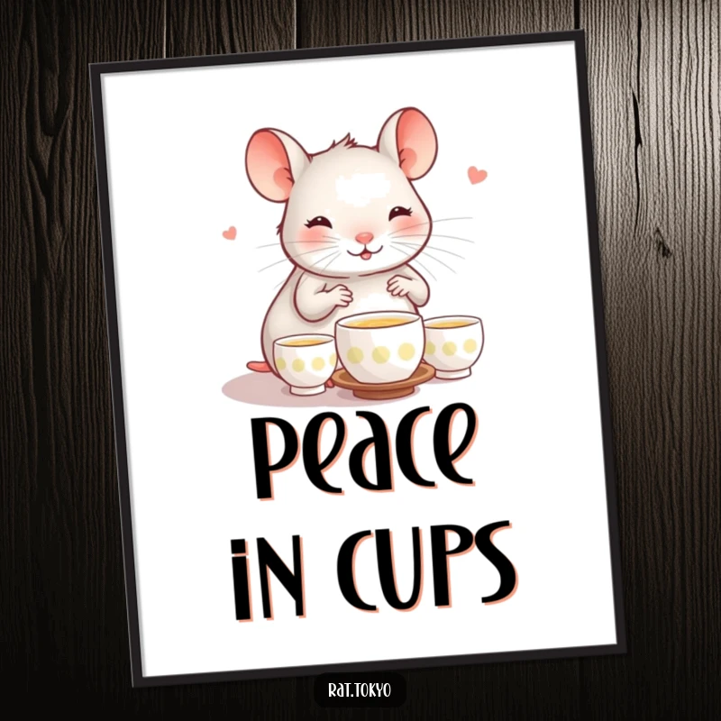 Funny digital art print of a happy rat performing a tea ceremony with tiny cups, ideal for framing and adding serene humor.