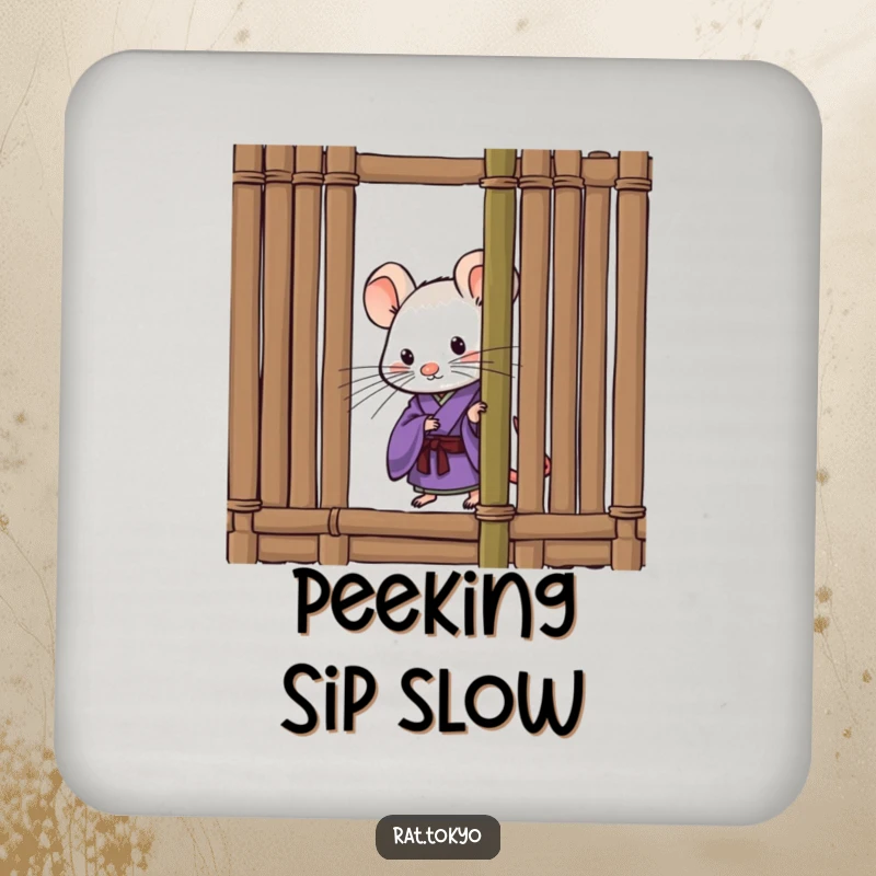 Funny drink coaster with a curious rat in a purple kimono, peeking from behind a bamboo screen, adding a humorous flair to any surface.