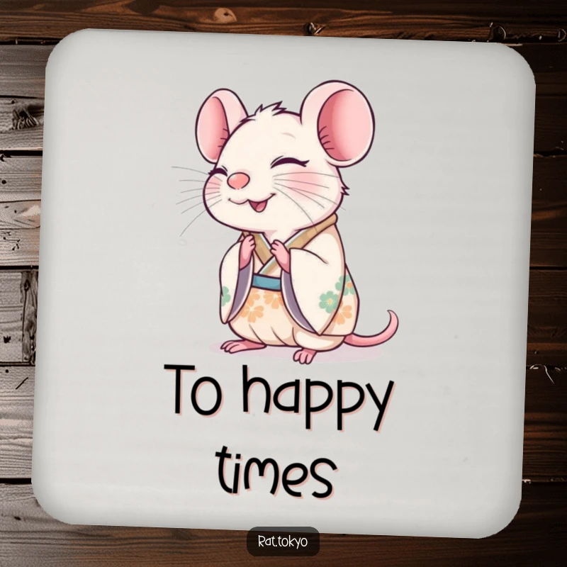 Funny rat in a decorated kimono, bowing slightly with a happy expression, on a protective drink coaster.