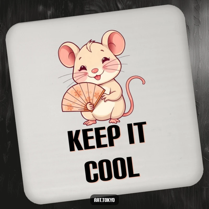 Funny coasters featuring a smiling rat holding a delicate ornate fan, protecting surfaces with artistic humor and charm.