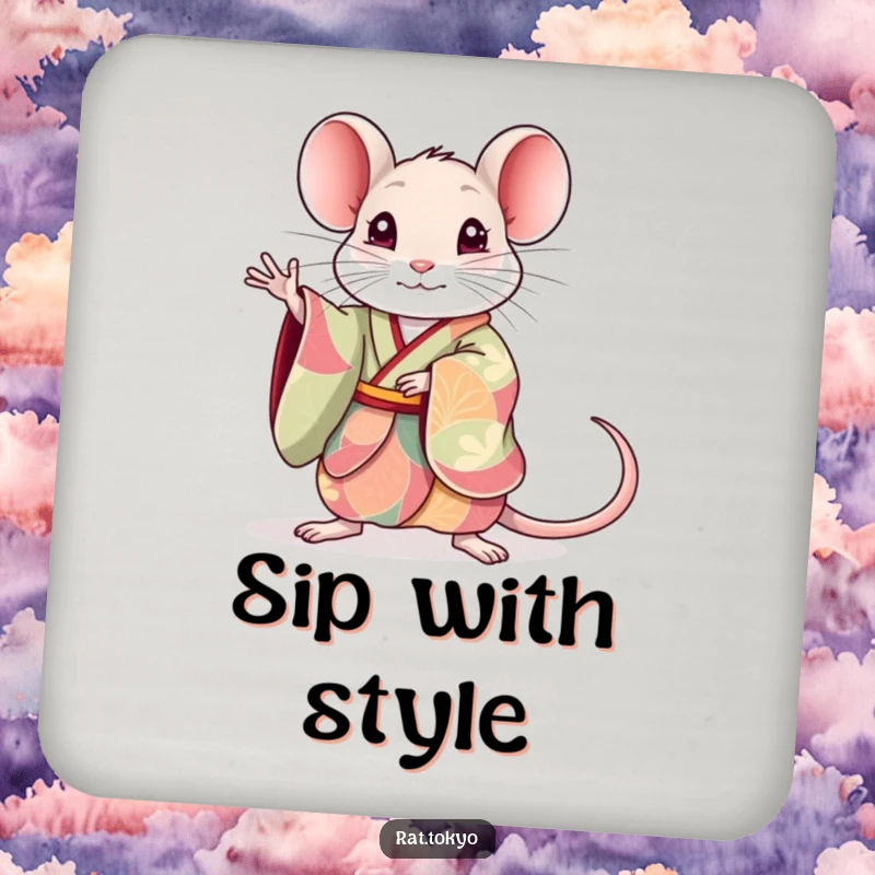 Funny rat drink coaster showing a cute rat in a colorful kimono, striking an elegant pose, protecting furniture with style and humor.