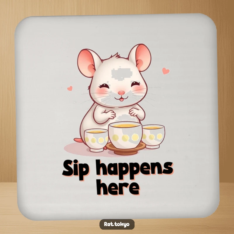 Funny coasters featuring a happy rat performing a tea ceremony with tiny cups, protecting surfaces with serene humor.
