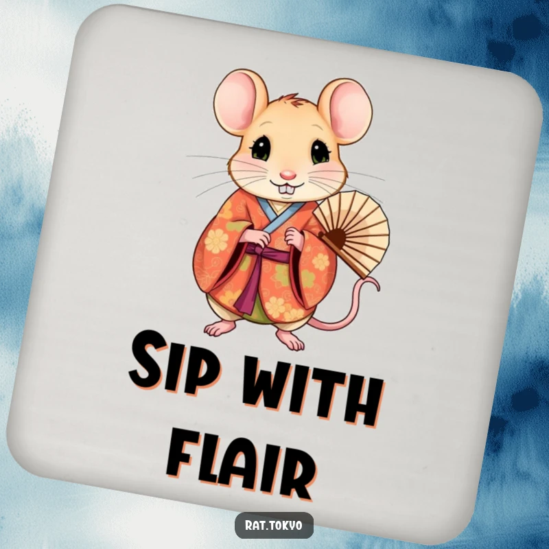 Funny rat in a vibrant kimono holding a fan, providing elegant protection on a drink coaster.