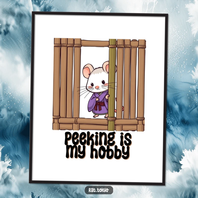 Funny poster showing a curious rat in a purple kimono, peeking from behind a bamboo screen, adding a touch of whimsical art and humor.
