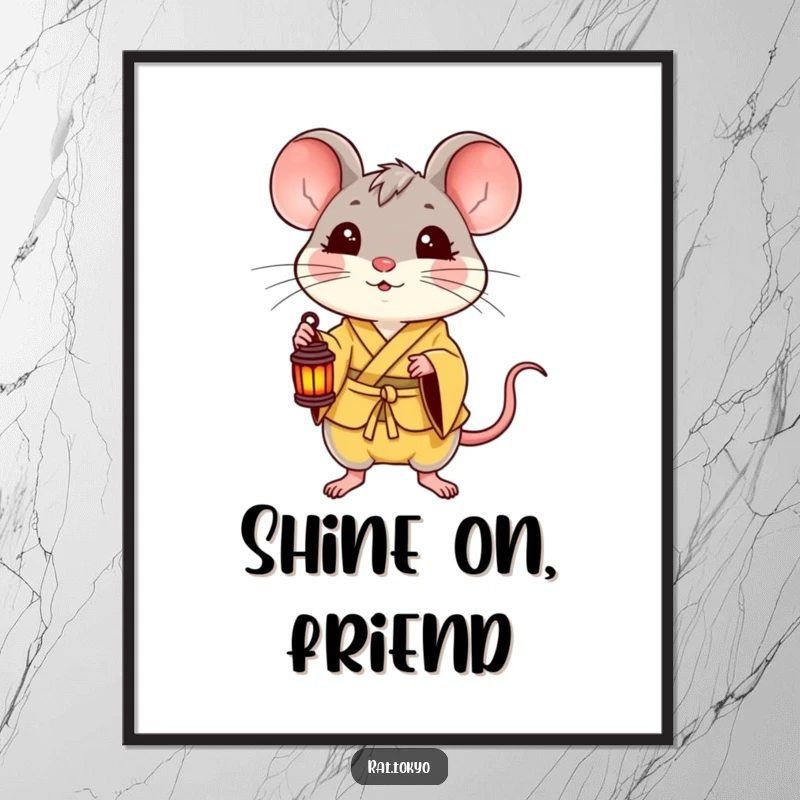 Funny poster of a delighted rat in a yellow kimono holding a small lantern, radiating happiness and warmth, perfect for cheerful decor.
