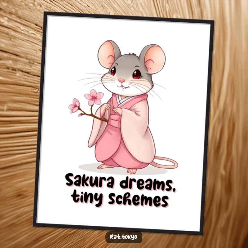Funny Poster: A graceful rat wearing a kimono holds a delicate cherry blossom, presented as elegant wall art.