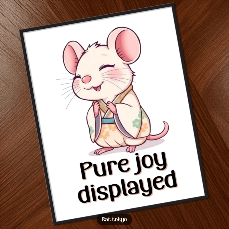 Funny rat in a decorated kimono, bowing happily with a joyful expression, as cheerful wall art.