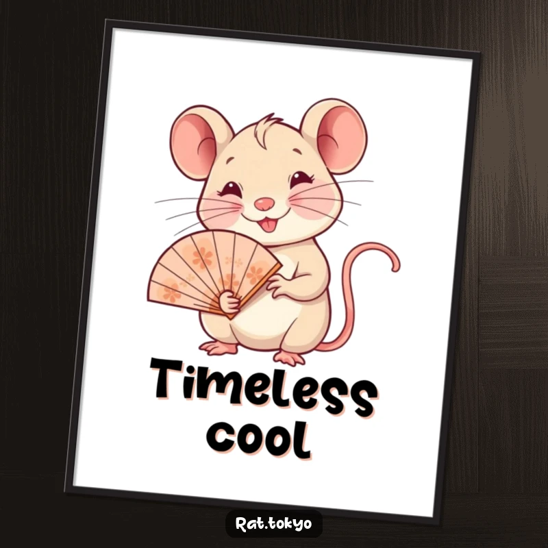 Funny poster art of a smiling rat holding a delicate, ornate fan, conveying a sense of refined humor and charm.