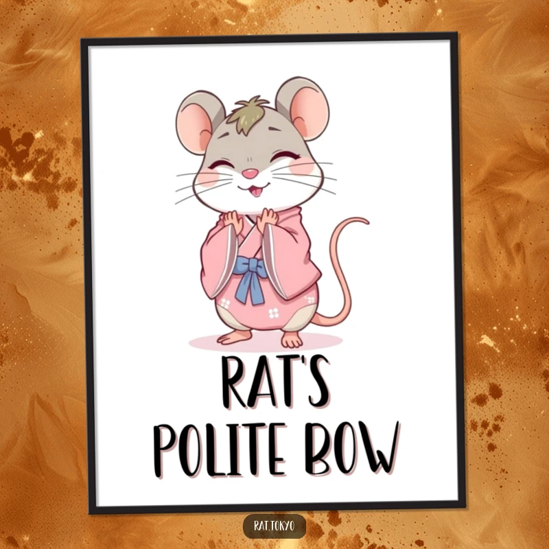 Funny rat poster of a cheerful character in a pink kimono, bowing gracefully, adding a touch of elegance and humor to any wall.