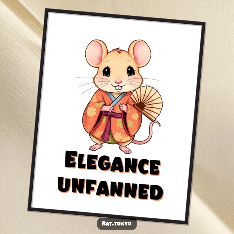 Funny rat in a vibrant, patterned kimono, holding a delicate fan, as a piece of elegant wall art.